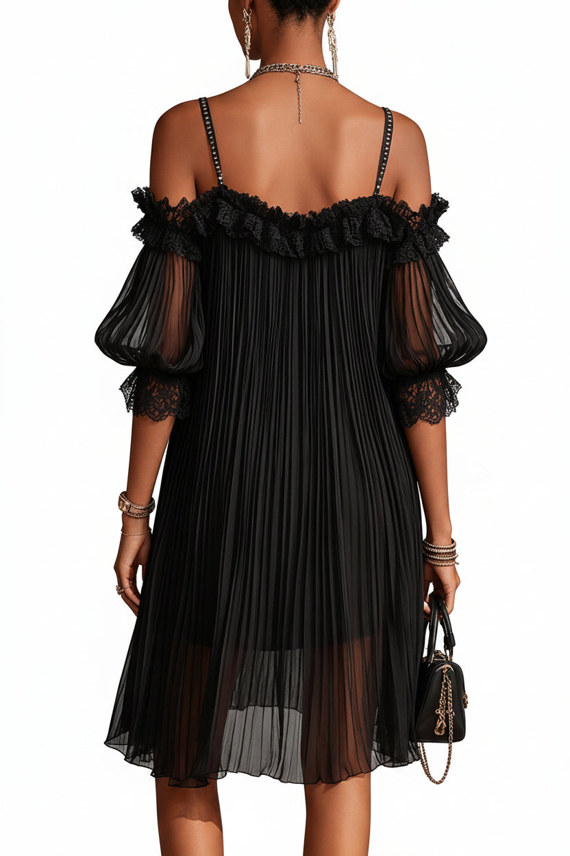 Ariana – Mini vestido negro de muselina con hombros descubiertos y bordes de encaje
