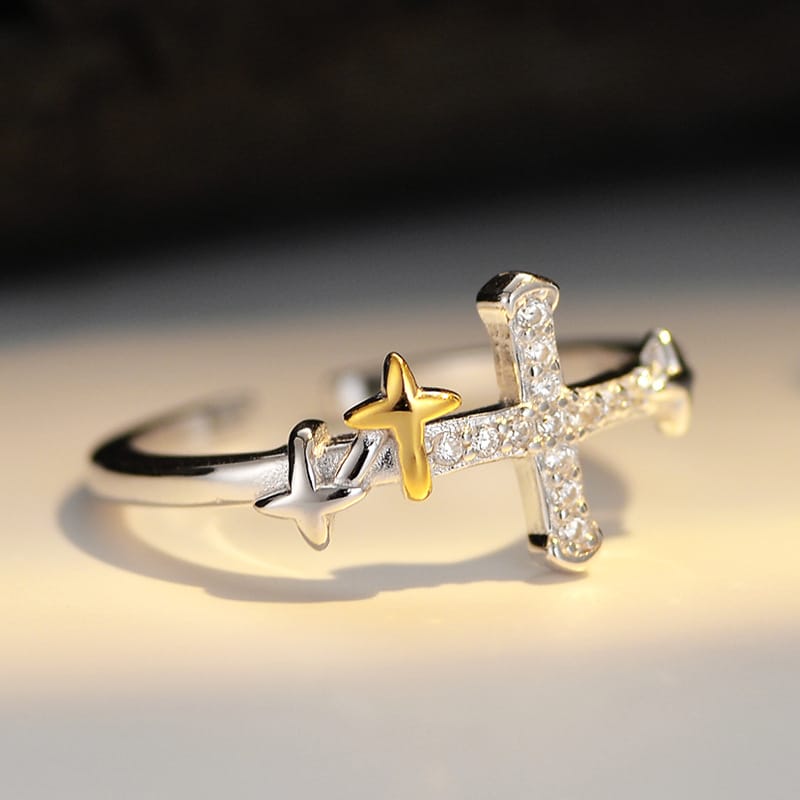 Anillo Cruz Estrella Dorada (Ajustable)