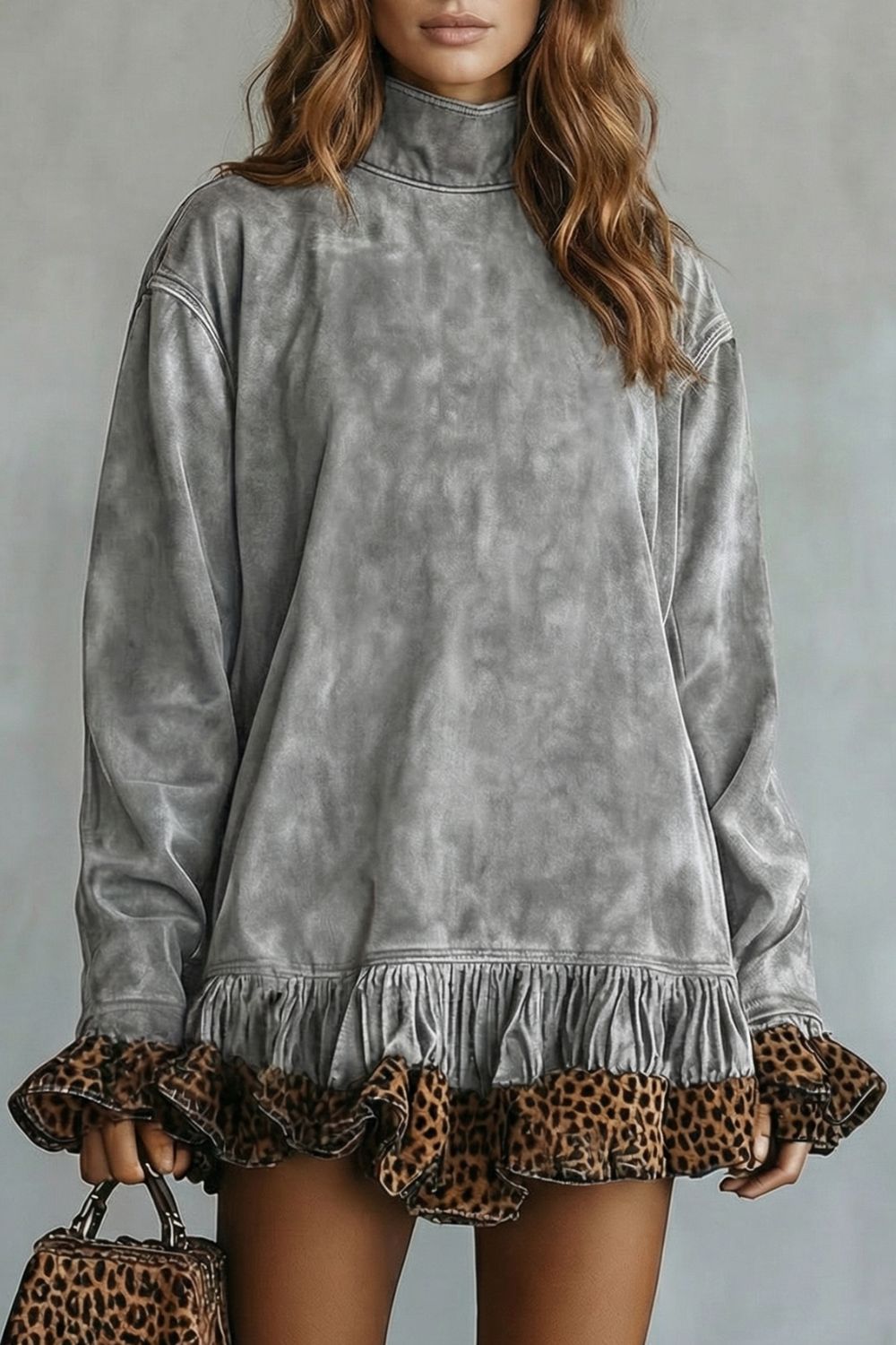 Selvatta – Minivestido de ante con estampado de leopardo y volantes