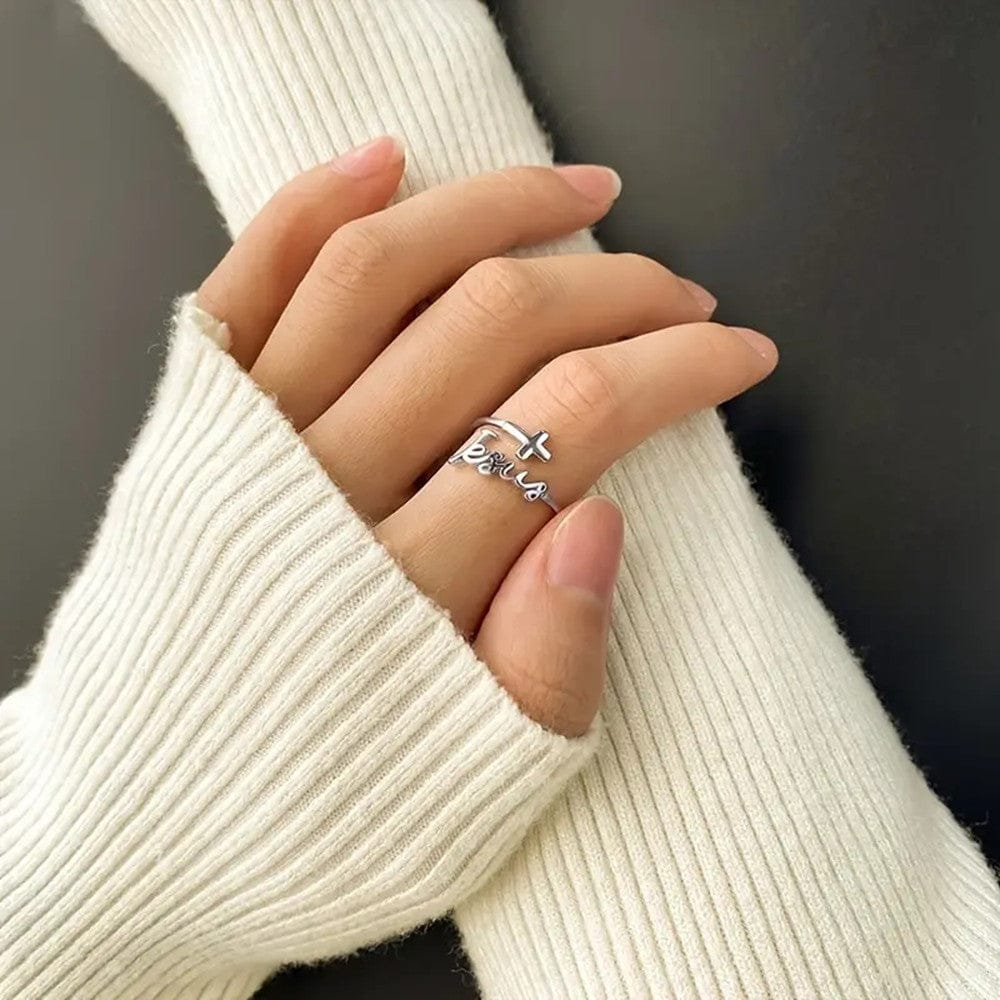 Anillo de Plata Jesús y Fe (Ajustable)