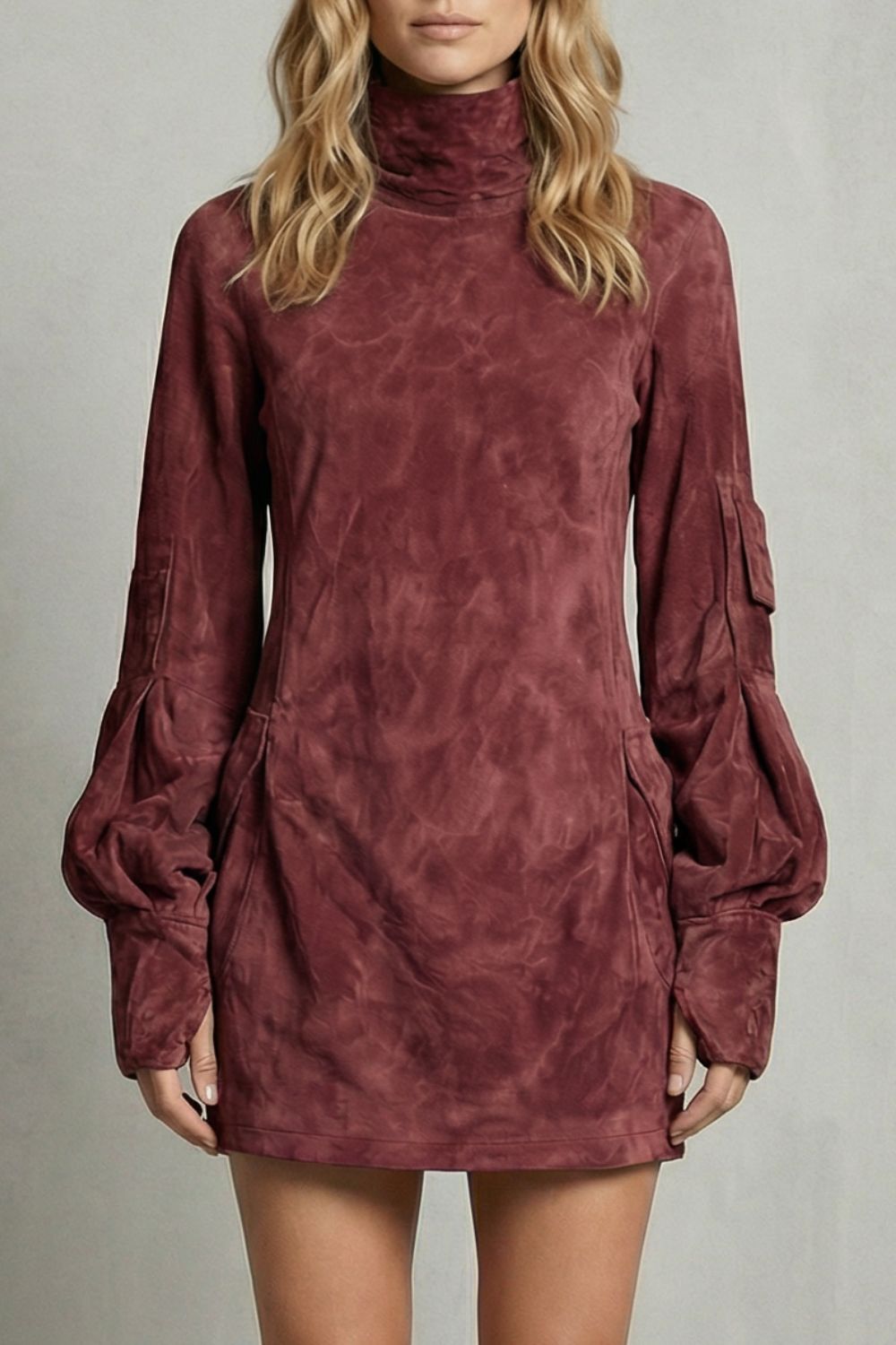 Marcella – Silueta de cuello alto – Mini vestido efecto ante