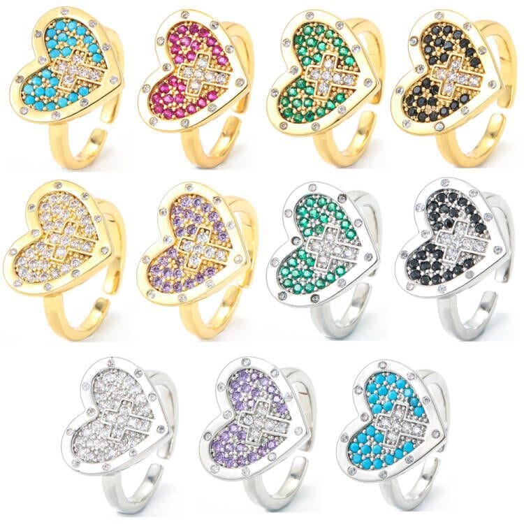 Anillo de Plata con Corazón y Cruz de Colores (Ajustable)