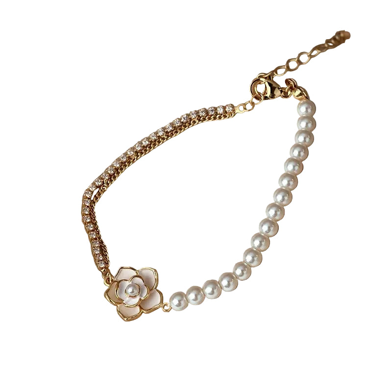Pulsera floral vintage con perlas y oro