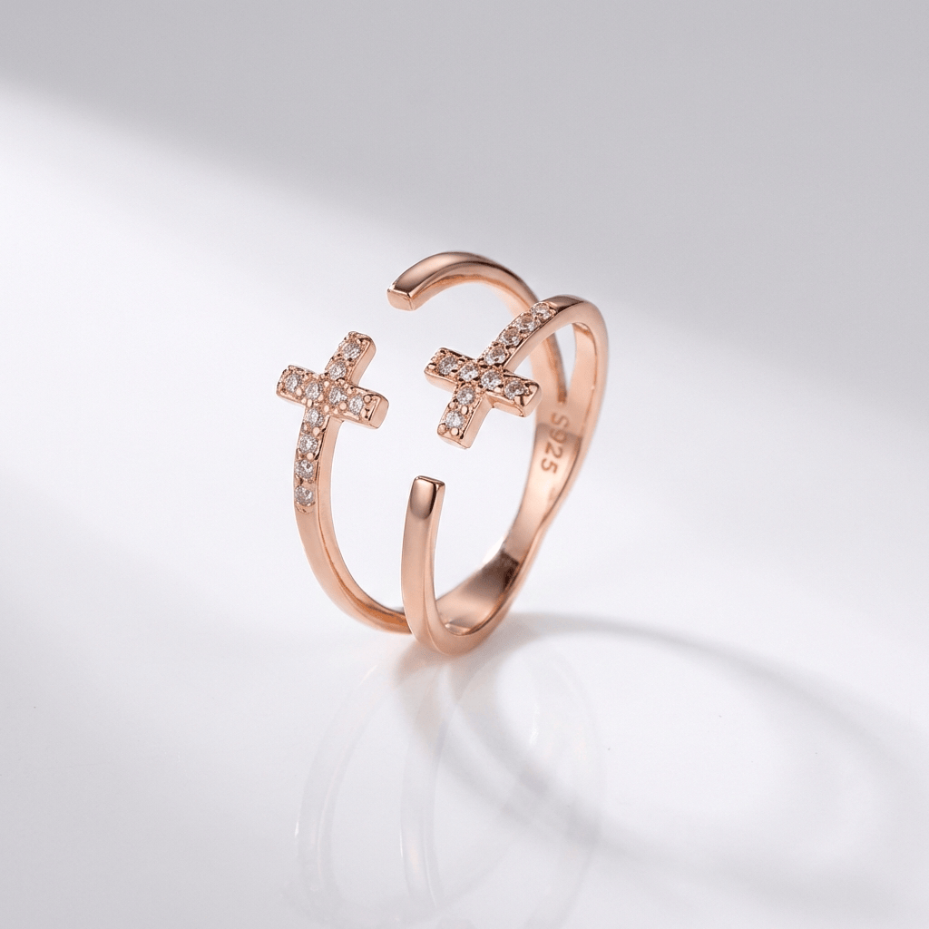 Anillo Doble Cruz de Plata y Brillantes (Ajustable)