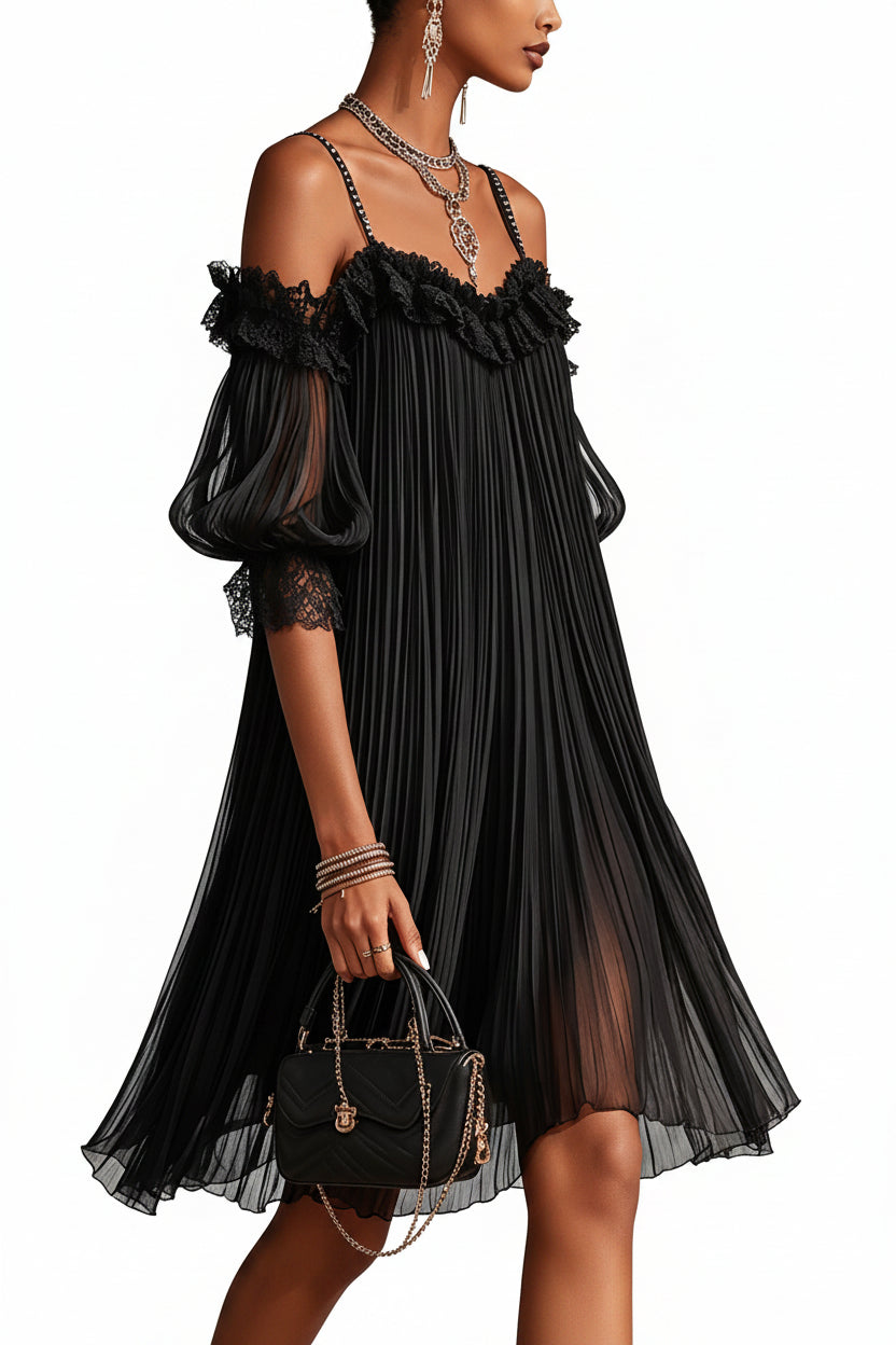 Ariana – Mini vestido negro de muselina con hombros descubiertos y bordes de encaje