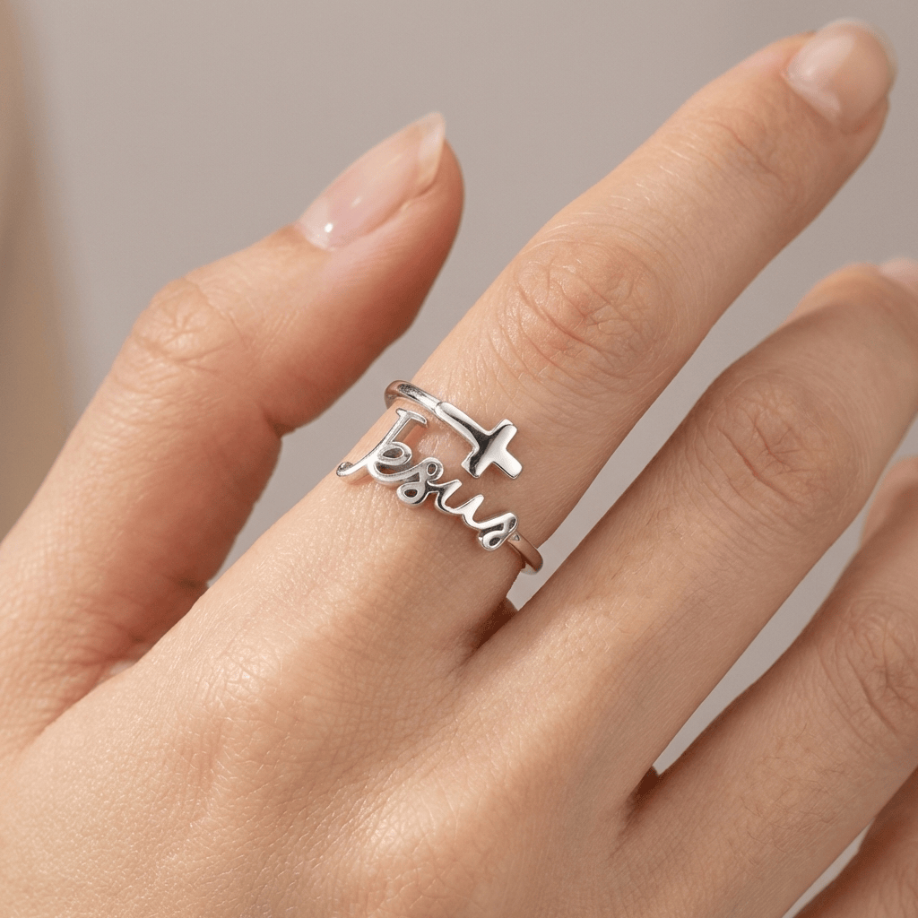 Anillo de Plata Jesús y Fe (Ajustable)
