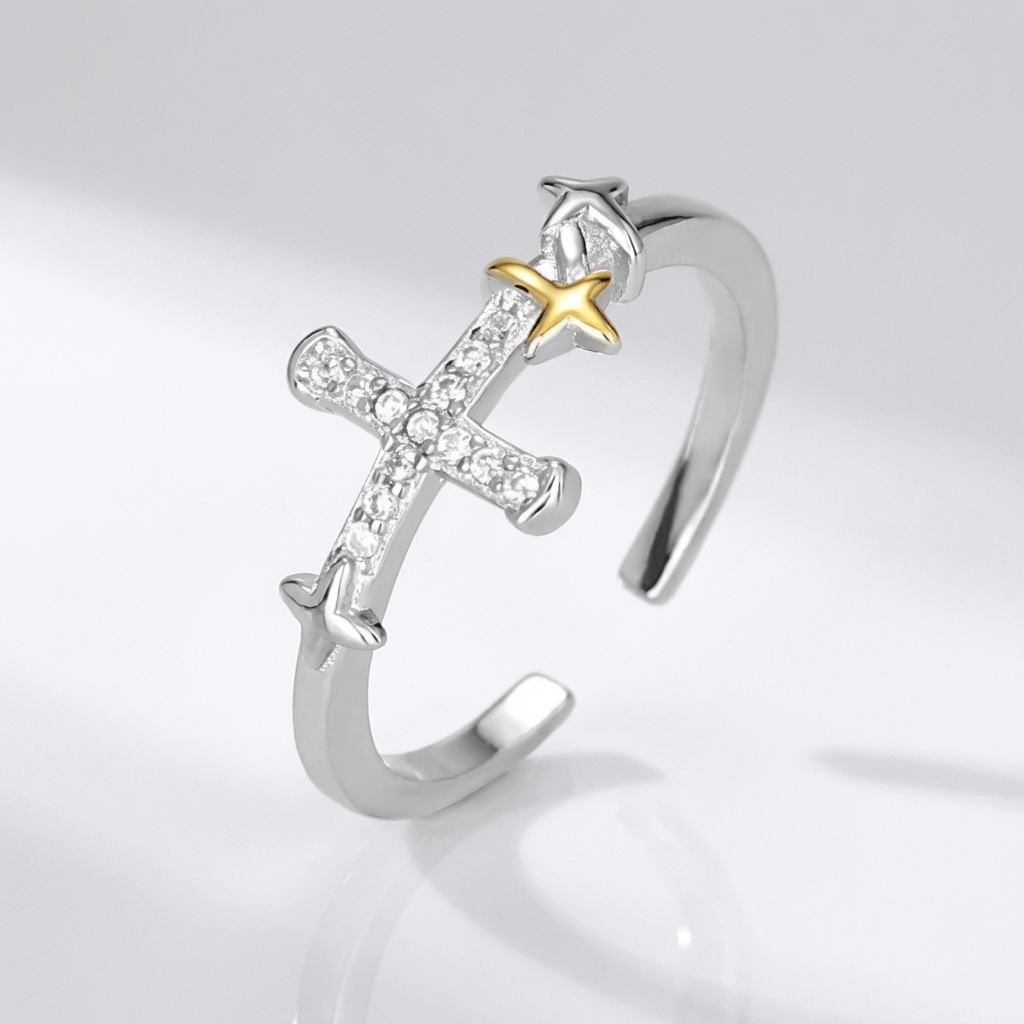 Anillo Cruz Estrella Dorada (Ajustable)