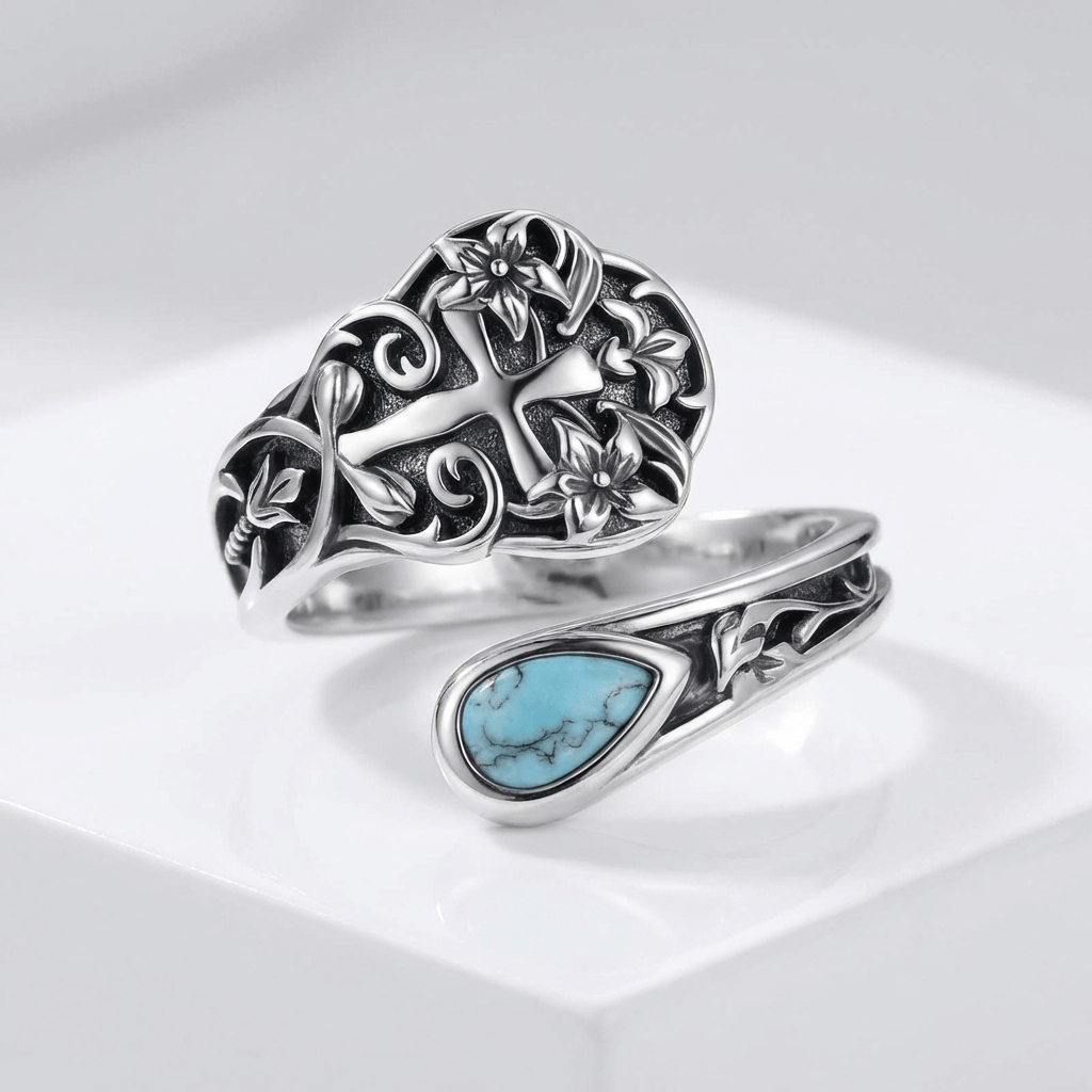 Anillo Floral Cruz Turquesa Gracia (Ajustable)