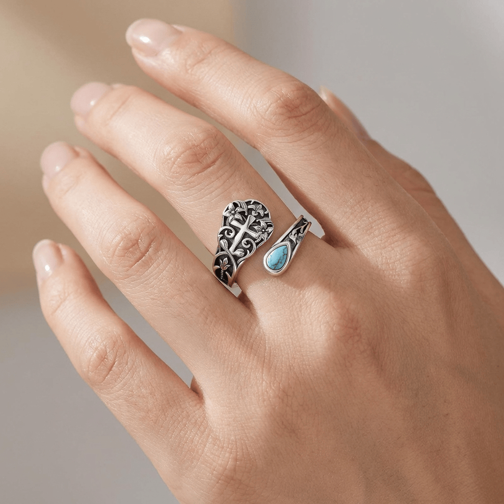 Anillo Floral Cruz Turquesa Gracia (Ajustable)