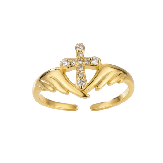 Anillo Cruz con Alas de Ángel y Circonitas (Ajustable)