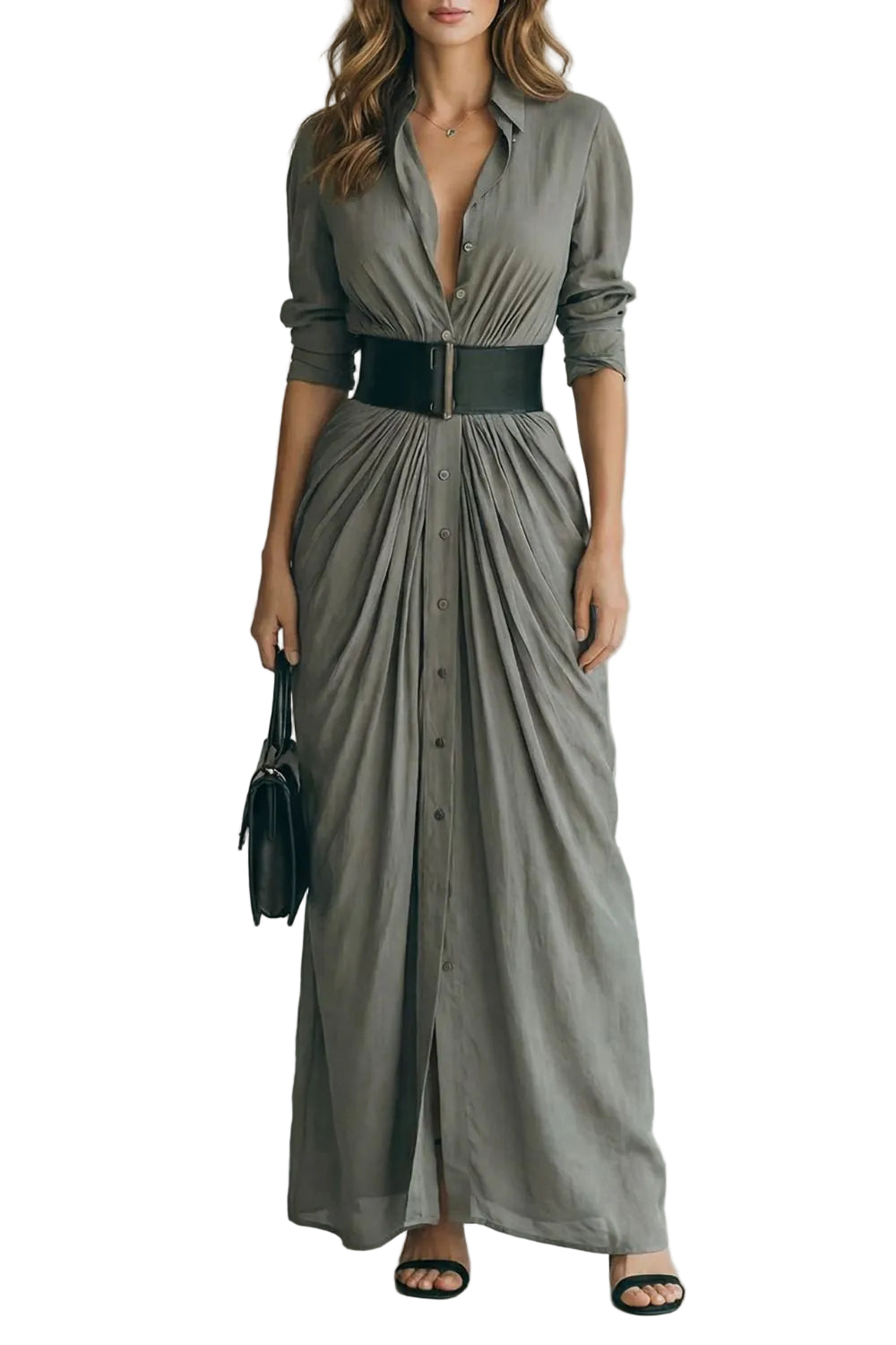 Solenzia – Vestido camisero maxi plisado