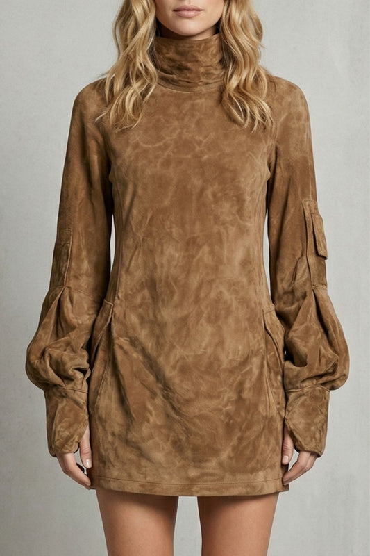 Marcella – Silueta de cuello alto – Mini vestido efecto ante