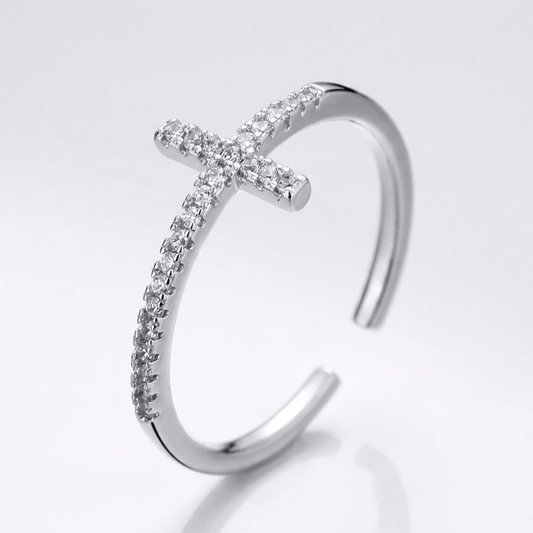 Anillo Cruz de Plata Brillante (Ajustable)
