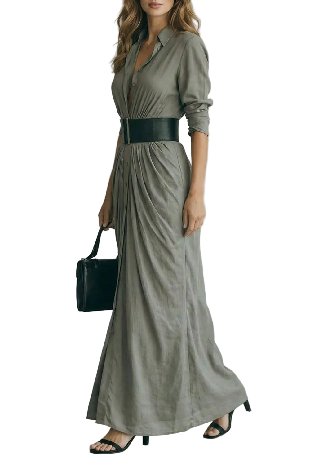 Solenzia – Vestido camisero maxi plisado