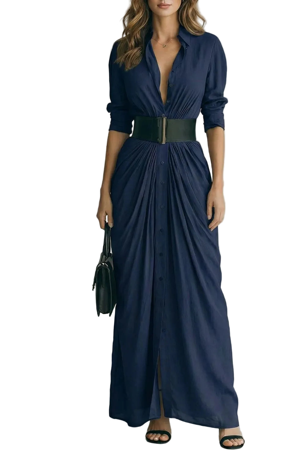 Solenzia – Vestido camisero maxi plisado