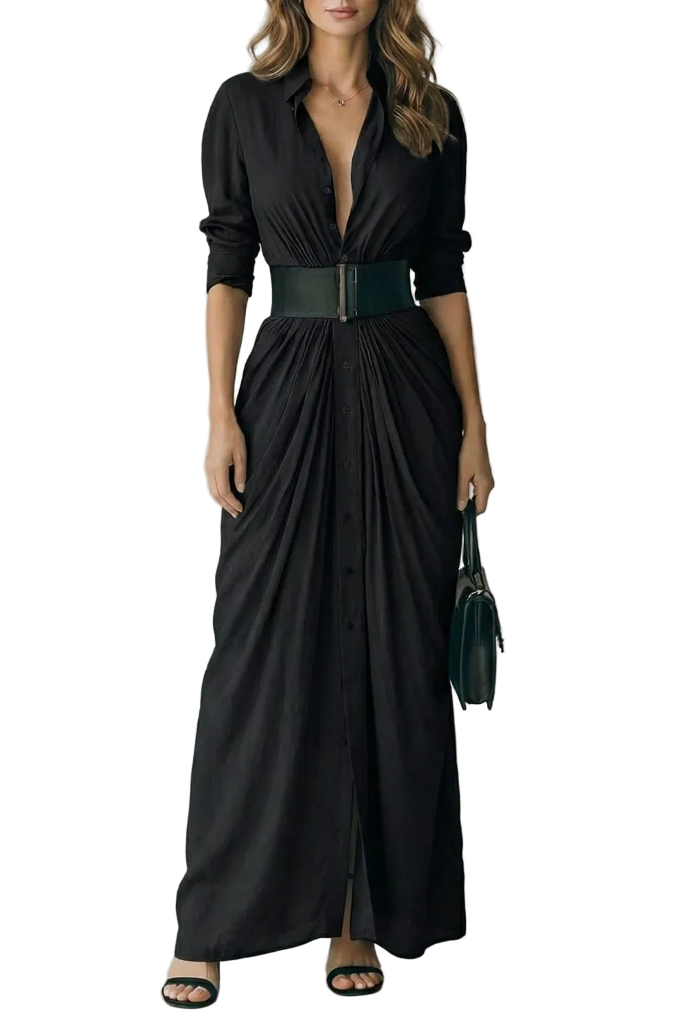 Solenzia – Vestido camisero maxi plisado