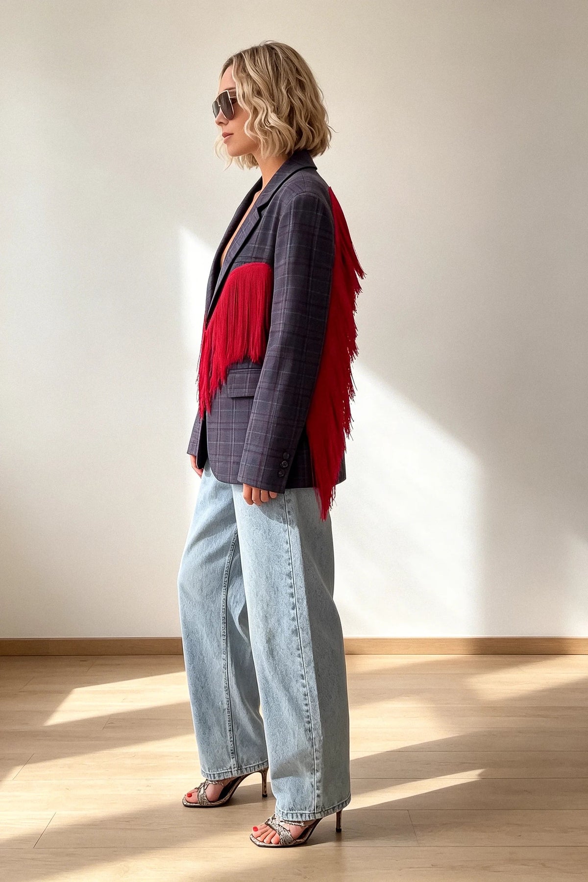 Ángela | Blazer de cuadros con alas de flecos