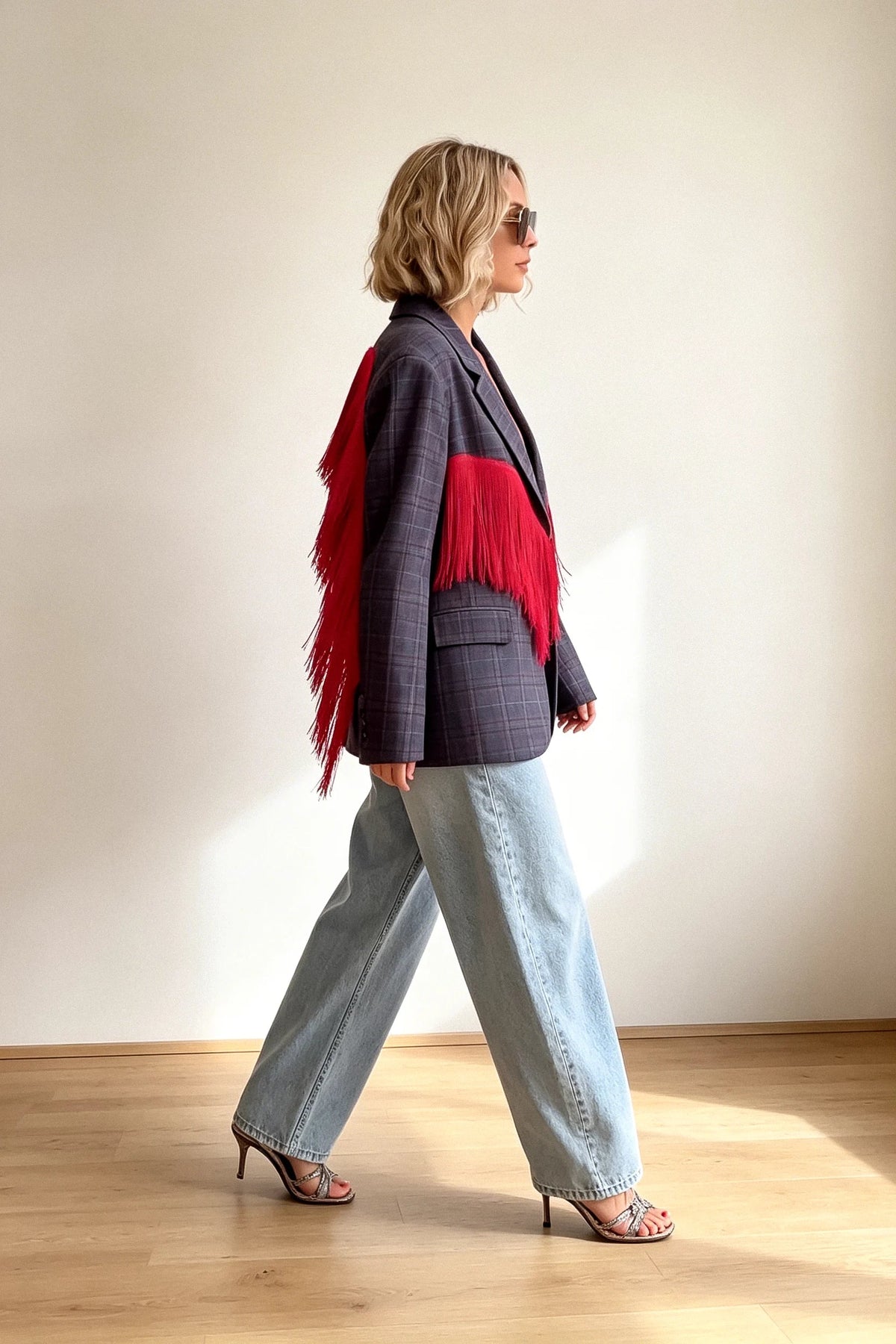 Ángela | Blazer de cuadros con alas de flecos