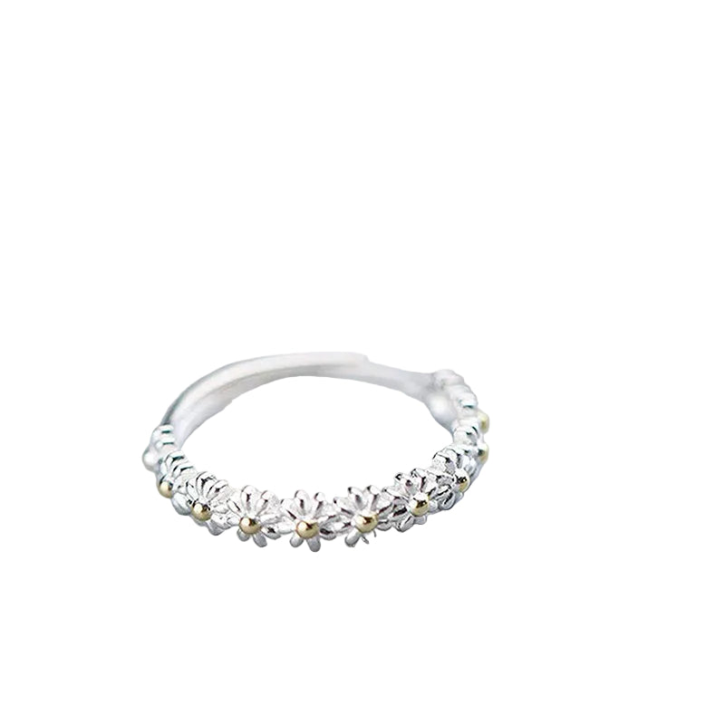 Anillo ajustable en plata y esmalte pintado a mano con margaritas