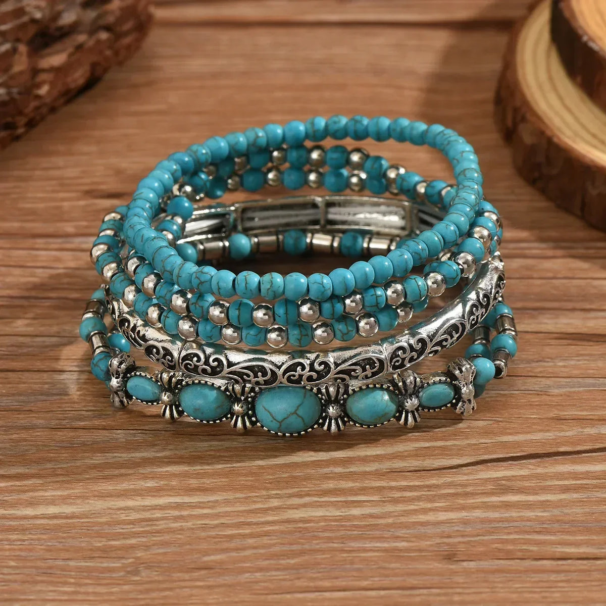 Conjunto de Pulseras Boho con Cuentas Turquesa