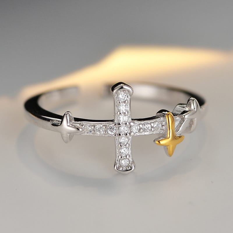 Anillo Cruz Estrella Dorada (Ajustable)