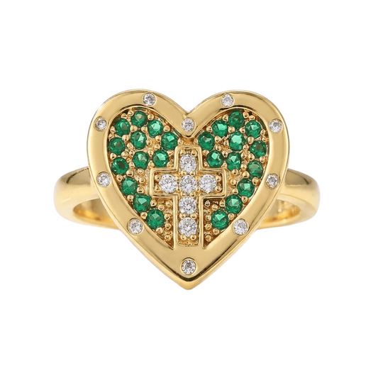Anillo de Plata con Corazón y Cruz de Colores (Ajustable)