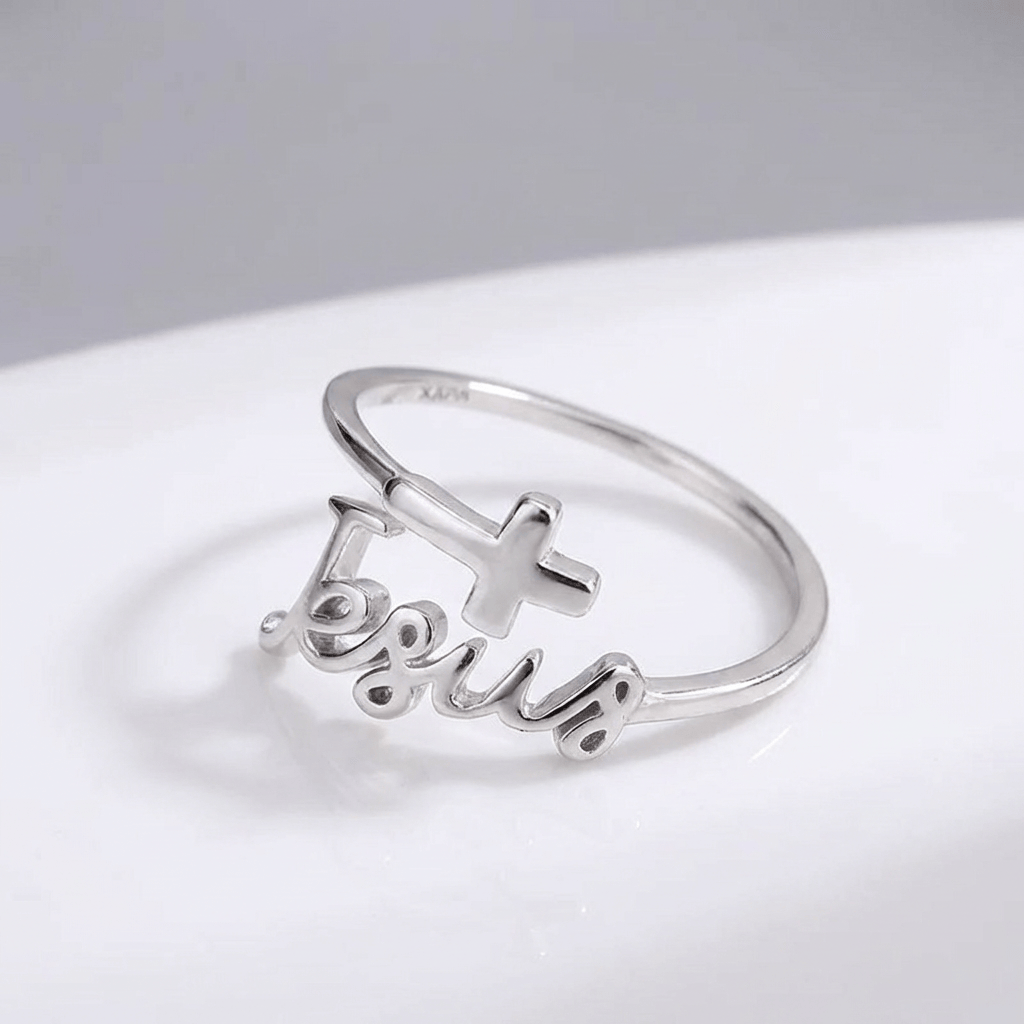 Anillo de Plata Jesús y Fe (Ajustable)