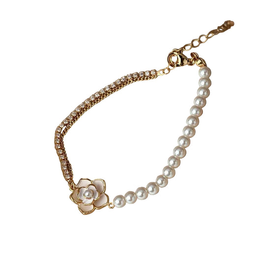 Pulsera floral vintage con perlas y oro