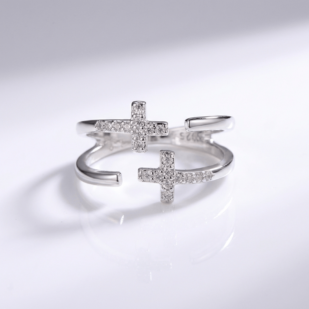 Anillo Doble Cruz de Plata y Brillantes (Ajustable)