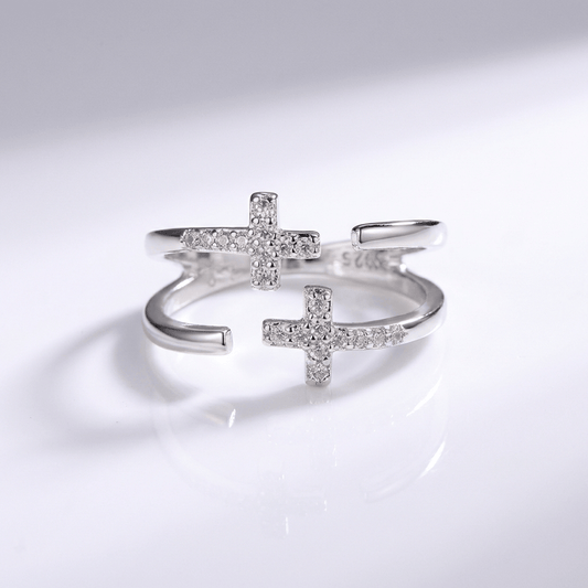 Anillo Doble Cruz de Plata y Brillantes (Ajustable)